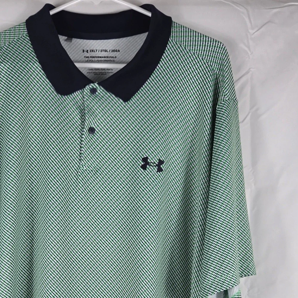 Under Armour Mens 2XLT Performance Polo Green Navy Blue Micro Check Golf Shirt - Picture 1 of 8